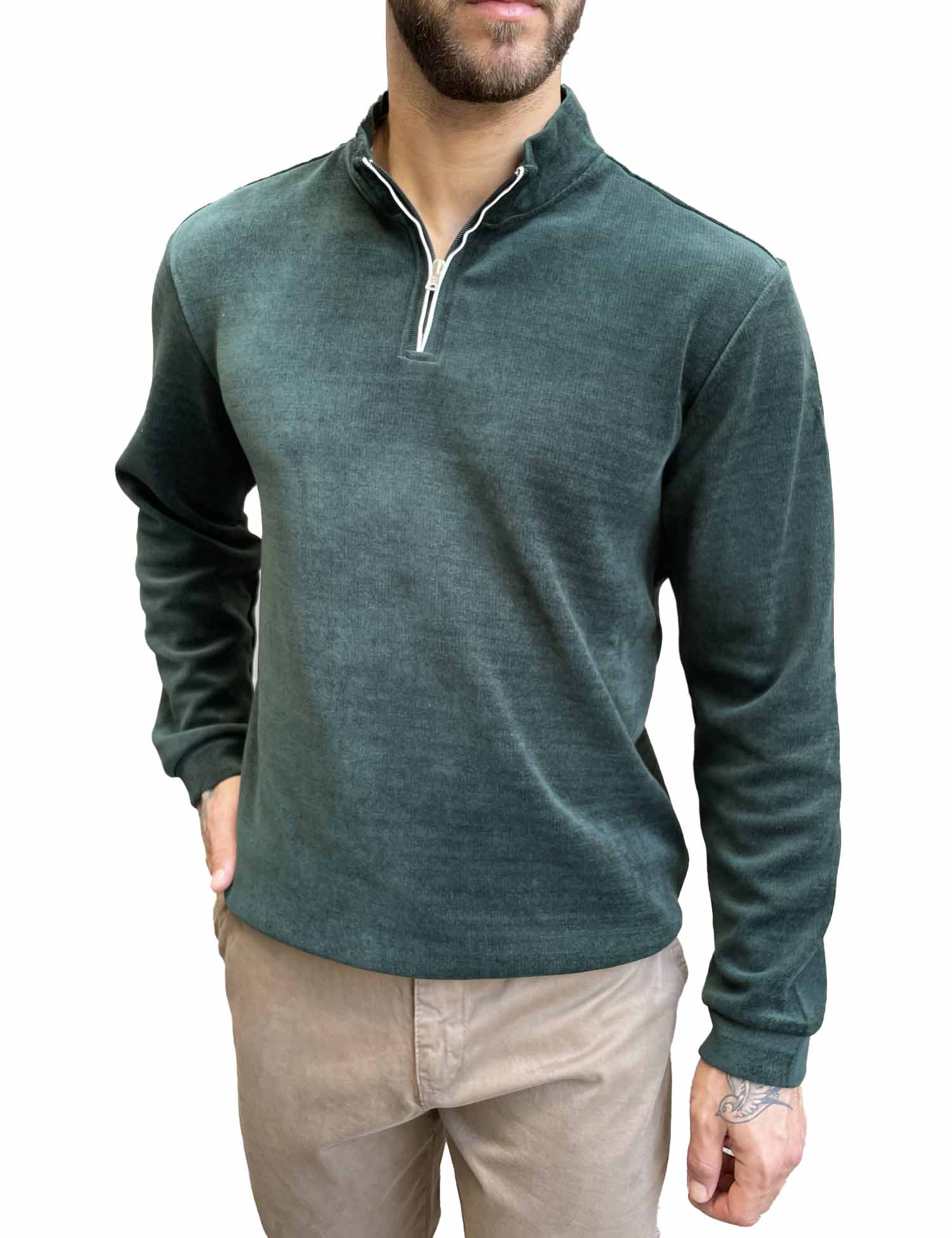 Ανδρικό κυπαρισσί πουλόβερ μονόχρωμο με γιακά και φερμουάρ 4477K φωτογραφία